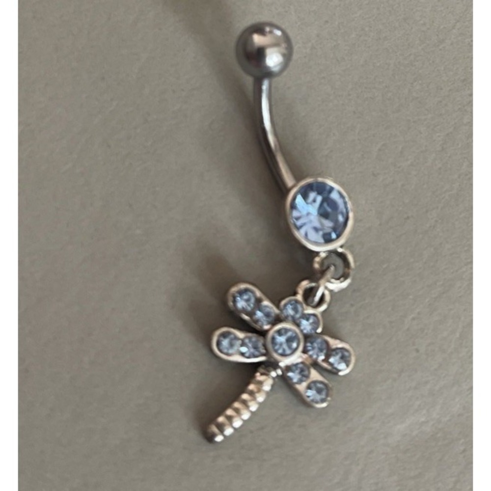Dragonfly Belly Button Navel Ring Piercing Blue Crystal Dragon Fly Silver tone